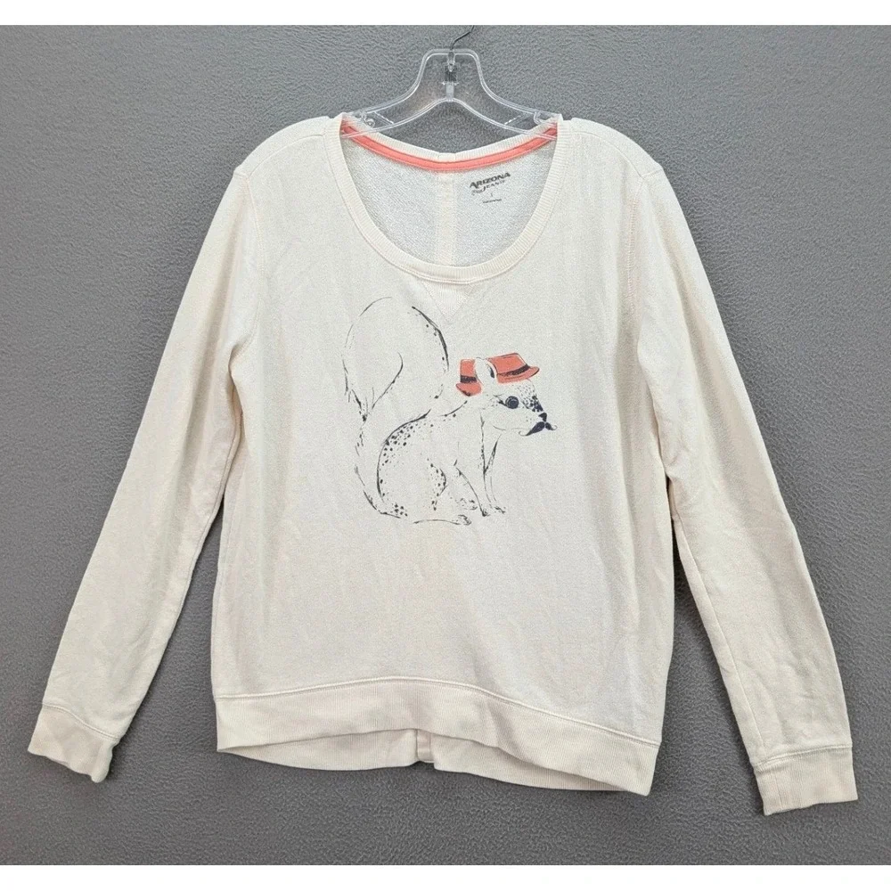 Arizona Jean Co Womens Sweater Squirrel Animal Print Back Buttons Pullover Large